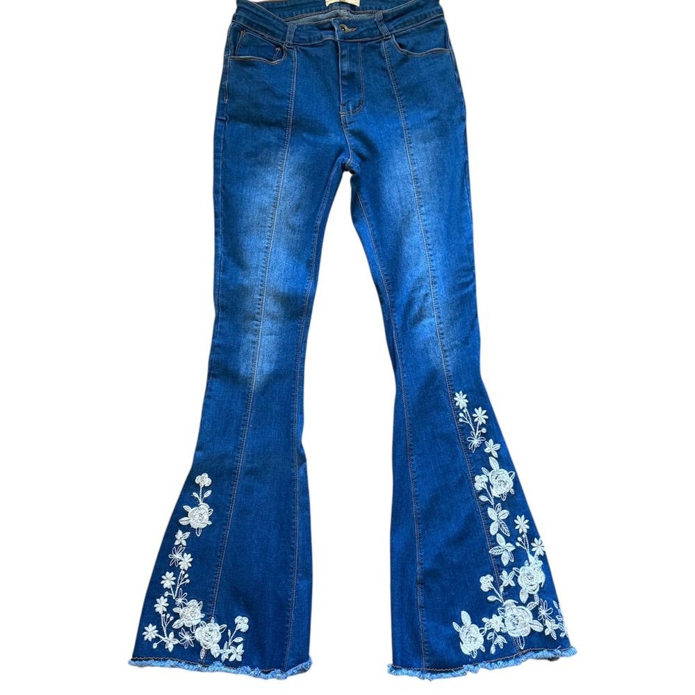Chelsea & Violet Blue Flare Jeans with Embroidered white flowers